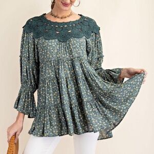 Easel Teal Floral Blouse with Crochet Detail